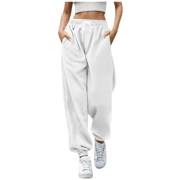 Fiaer,Women's High Waisted Sweatpants Workout Oversized Active Joggers Baggy Casual Trendy Pants with Pocket White XXXL