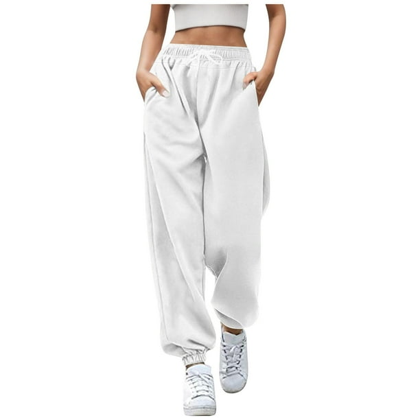 Pantalones deportivos de mujer con cordón, color liso y bajos fruncidos - Pantalones informales para hacer ejercicio/uso diario - Poliéster - Tallas S-XXXL