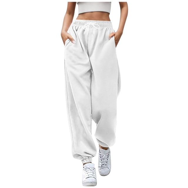 Pantalones deportivos de mujer con cordón, color liso y bajos fruncidos - Pantalones informales para hacer ejercicio/uso diario - Poliéster - Tallas S-XXXL