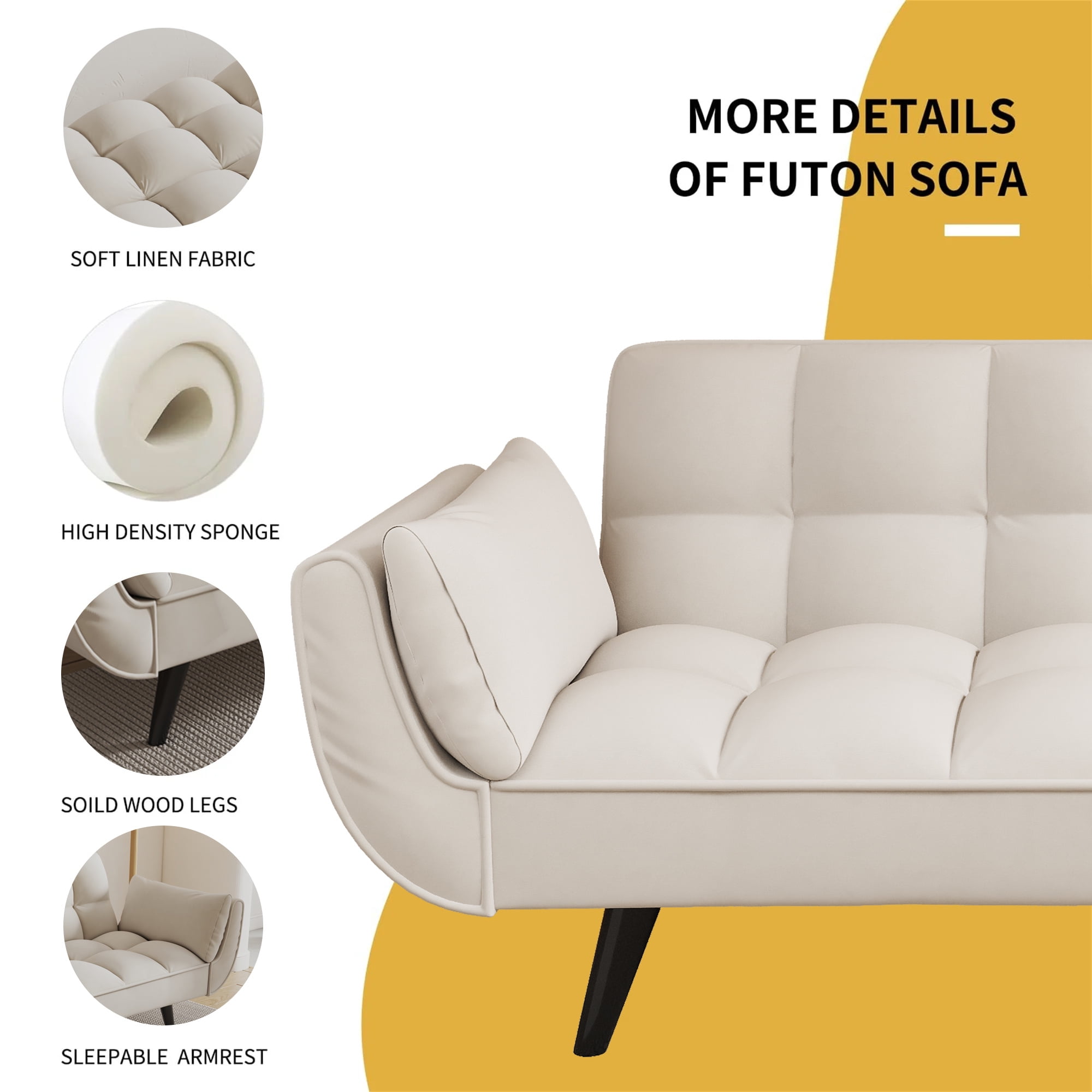 Aukfa 75" Flared Arm Futon Convertible Sofa Bed, Velvet Sleeper Couch for Home Office, Beige