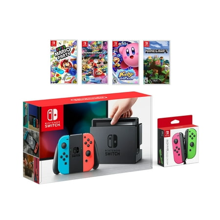 Nintendo Switch Party Game Bundle, 32GB Neon Red/Neon Blue Joy-Con Console Set, Neon Pink/Neon Green Joy-Con, Super Mario Party, Mario Kart 8 Deluxe, Kirby Star Allies, (Best Way To Start Minecraft)