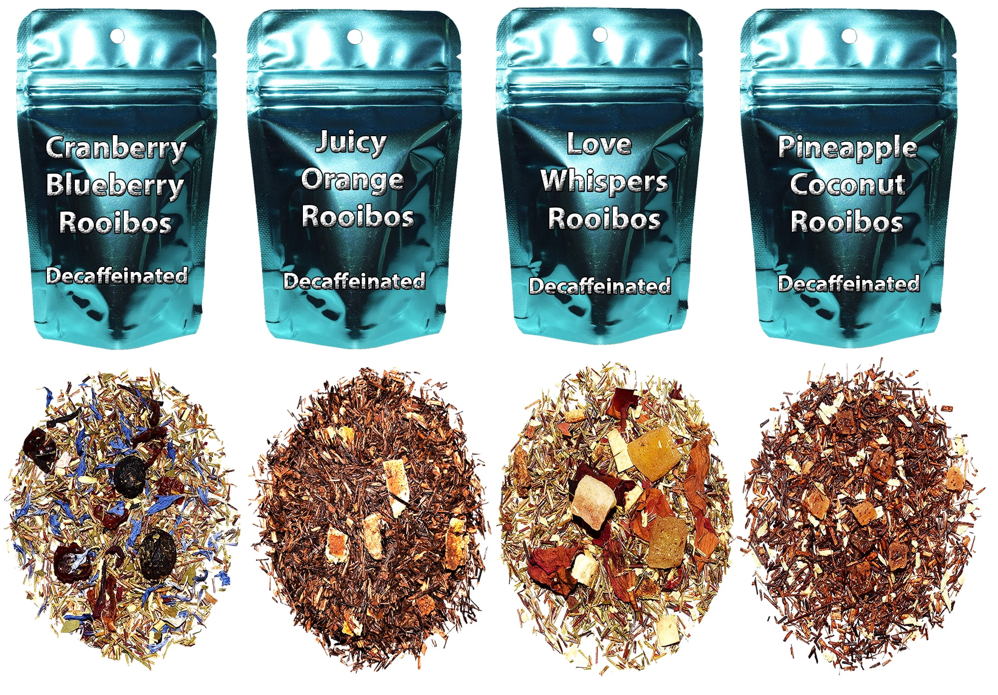 Chinese Tea Culture 4 Rooibos Tea Samplers, Decaffeinated, Juicy Orange Rooibos, Pineapple Coconut Rooibos, Love Whispers Rooibos, Cranberry Blueberry Rooibos, Loose Leaf Tea