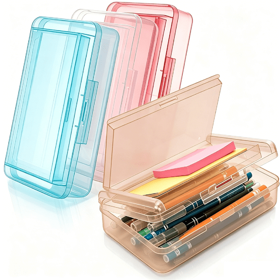 Yhmxh Double Layer Pencil Box, Plastic Hard Pen Case with Snap Lid, Large Capacity Clear Crayon Storage Box, Stackable Painting Brush Organizer for Stationery Marker Office Supplies