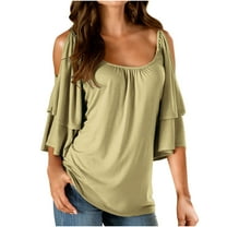 Womens Plus Size,Women Summer Tops Blouses Print Short Sleeve Strappy Cold Shoulder T-Shirt