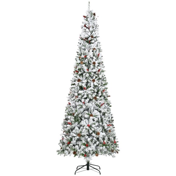 HOMCOM 9 Ft Snow Flocked Pencil Artificial Christmas Tree, Auto Open