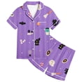 thumbnail image 3 of Child Girl Pajamas Cartoon Halloween Themed Pattern Short Sleeve Notch Collar Button Down Loose Relaxed Fit 2Pc Summer Family Time Stylish Homewear,Purple,12-13 Years, 3 of 3
