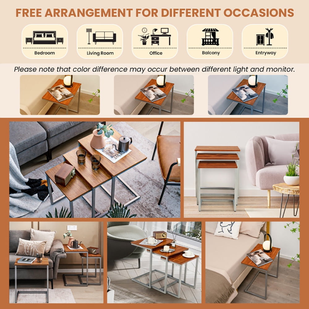 Finihen End Side Table, Rectangular Coffee Table, 3 Pieces Multifunctional Coffee End Table Set, for Living Room, Bedroom, Brown