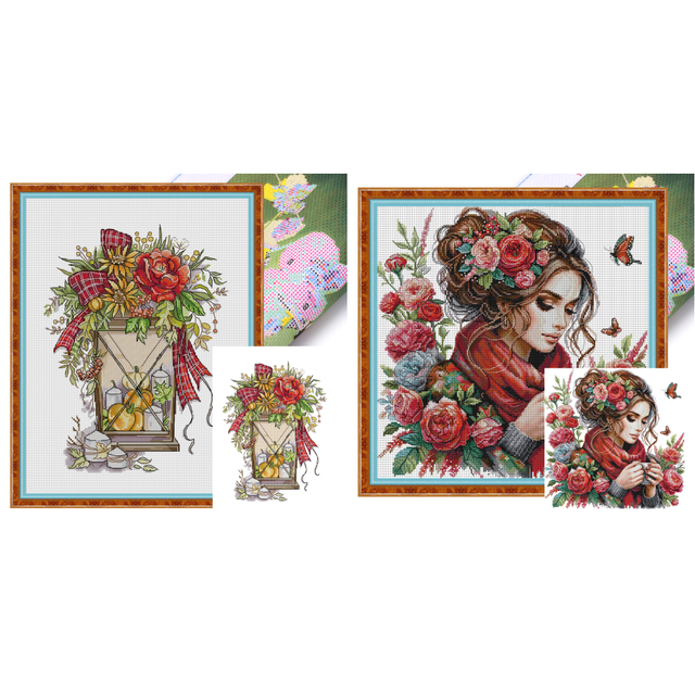 Kit Punto Cruz Con Linterna Hilo Algodón Ecológico Bordado Parcial 14CT 32x43cm