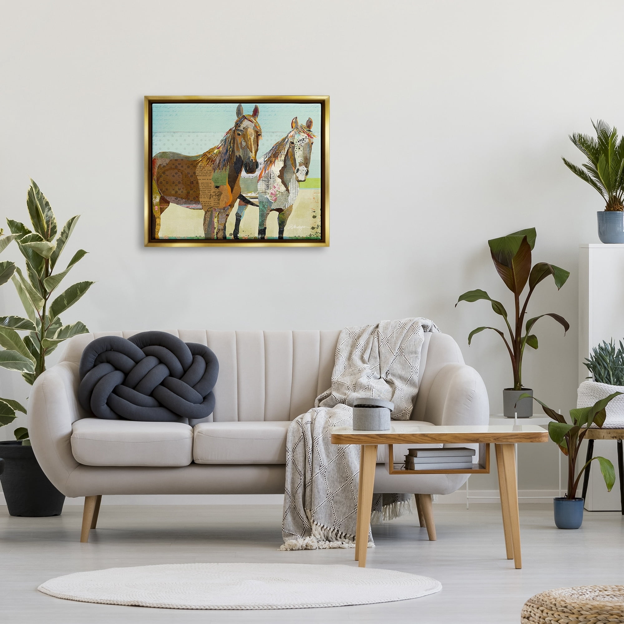 Stupell Industries Wild Farm Horses Layered Newsprint Collage Arrangement Graphic Art Metallic Gold Floating Framed Canvas Print Wall Art, Design by Traci Anderson