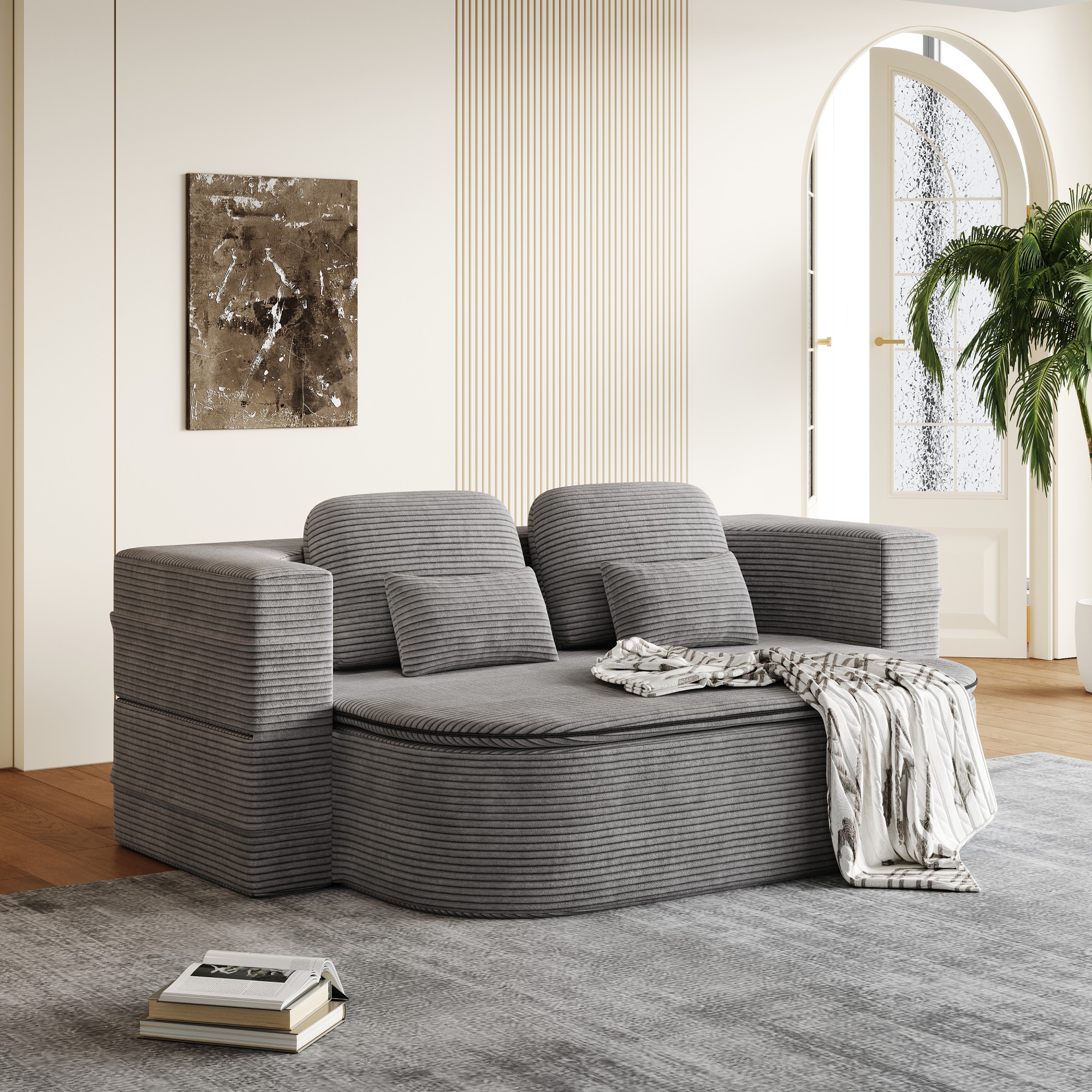 2-in-1 Convertible Sofa Bed,75'' Foldable Sleeper Sofa Bed,Corduroy Floor Folding Sofa Bed Lounge Sofa with Multi Functional Blanket for Living Room Bedroom,Grey