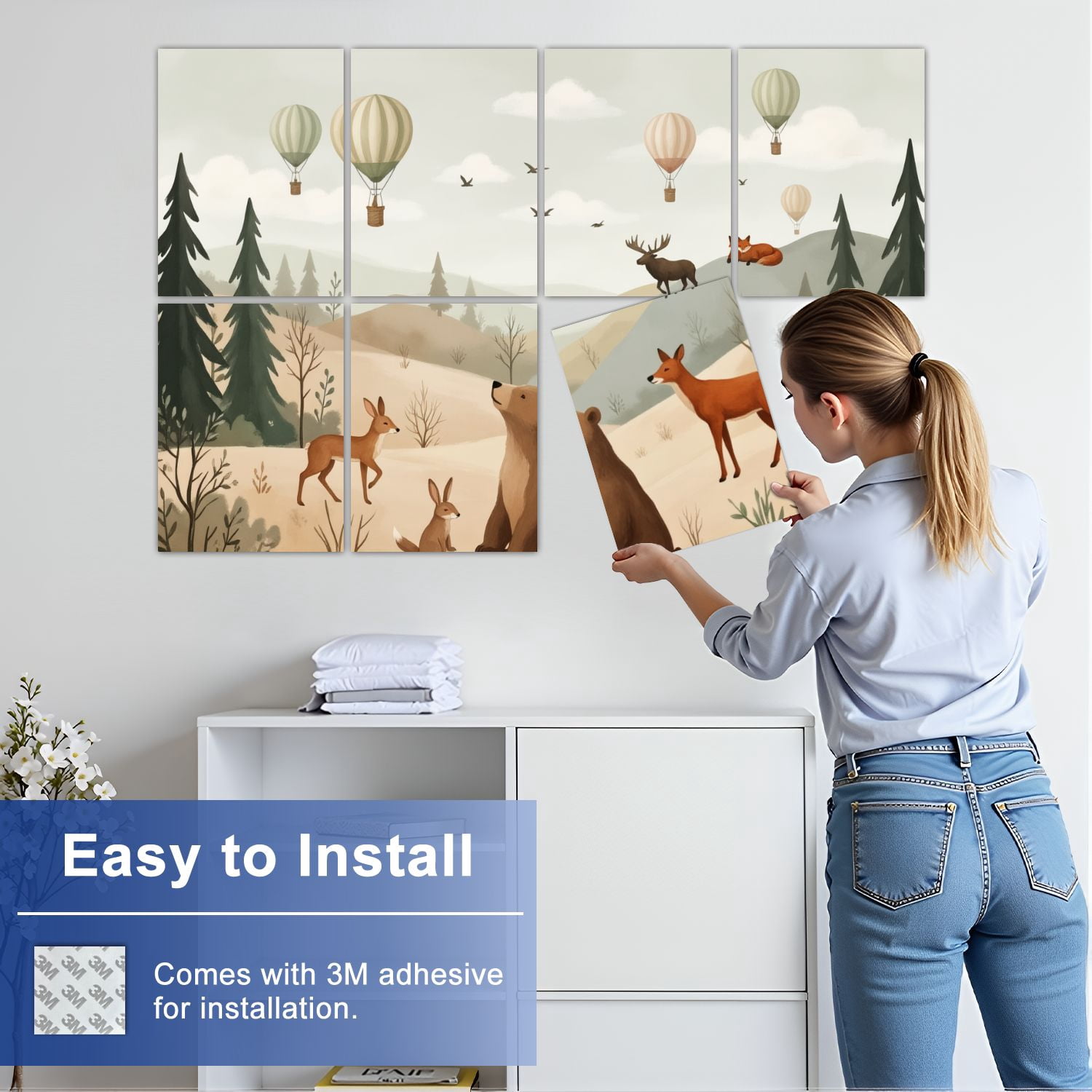 8 Pack Art Acoustic Panels Sound Absorbing Cute Forest Animals Hot Air Balloons Pastel Hills Decorative Soundproof Wall Panels Self Adhesive for Nursery Game Room Bedroom 48"x32"