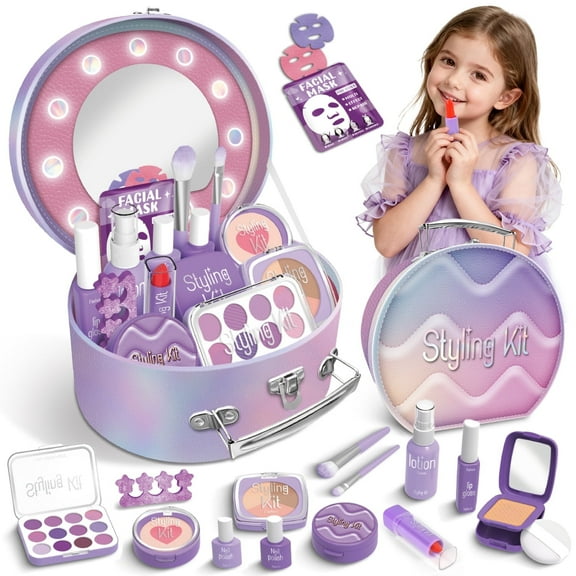 Freecat Realistic Makeup Toys for Girls Ages 3-6, Purple Pretend Play Princess Makeup Toy Accessories with Mirror, Ideal Christmas Birthday Gift ​for Little Girls Age 3-6 Years Old.
