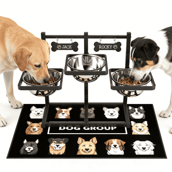Adjustable Height 3-Bowl Raised Dog Feeder Stand, Ergonomic Anti-Slip Pet Dining Station