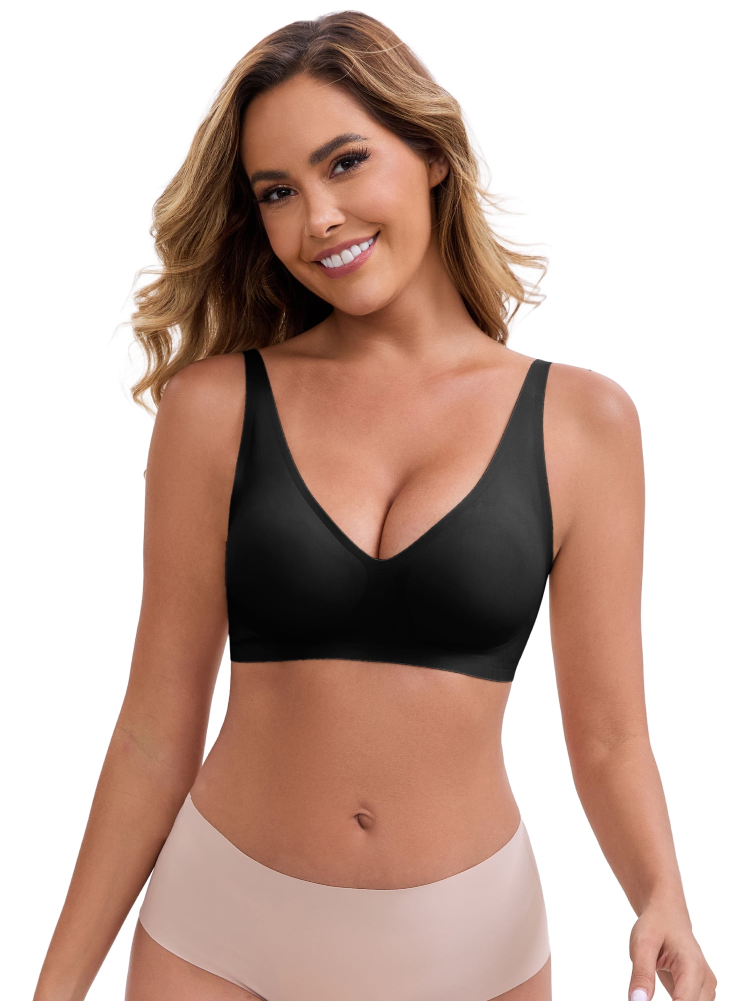 DARING DIVA Women's Deep V-Neck Wireless Adjustable Spaghetti Straps Bra M Black