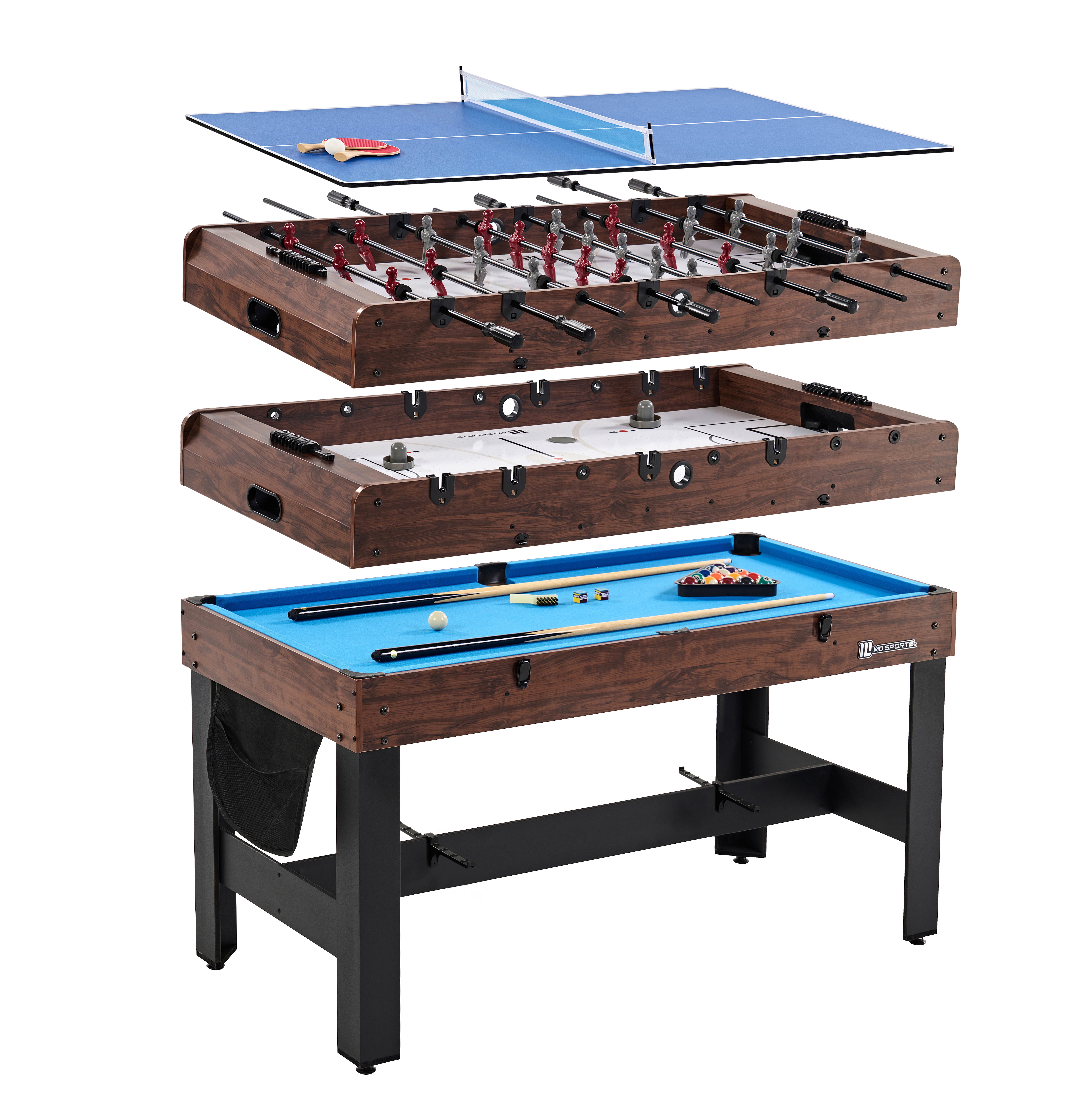 54" 4-in-1 Multi Game, Pool Table, Table Tennis Pong Table, Air Hockey, Foosball, by MD Sports