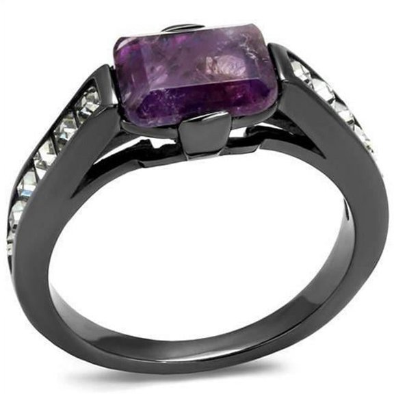 Alamode TK2832-5 Women IP Light Black Stainless Steel Ring with Precious Stone in Amethyst - Size 5