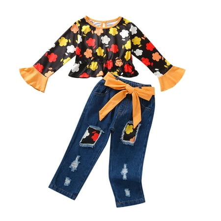 

ZHAGHMIN Bluey Clothes For Toddlers Toddler Child Kids Baby Girls Long Ruffled Sleeve Patchwork Cartoon Tops Blouse Bowknot Jeans Trousers Outfit Set Clothes 2Pcs Gift For A Baby Girl Jumper Outfits