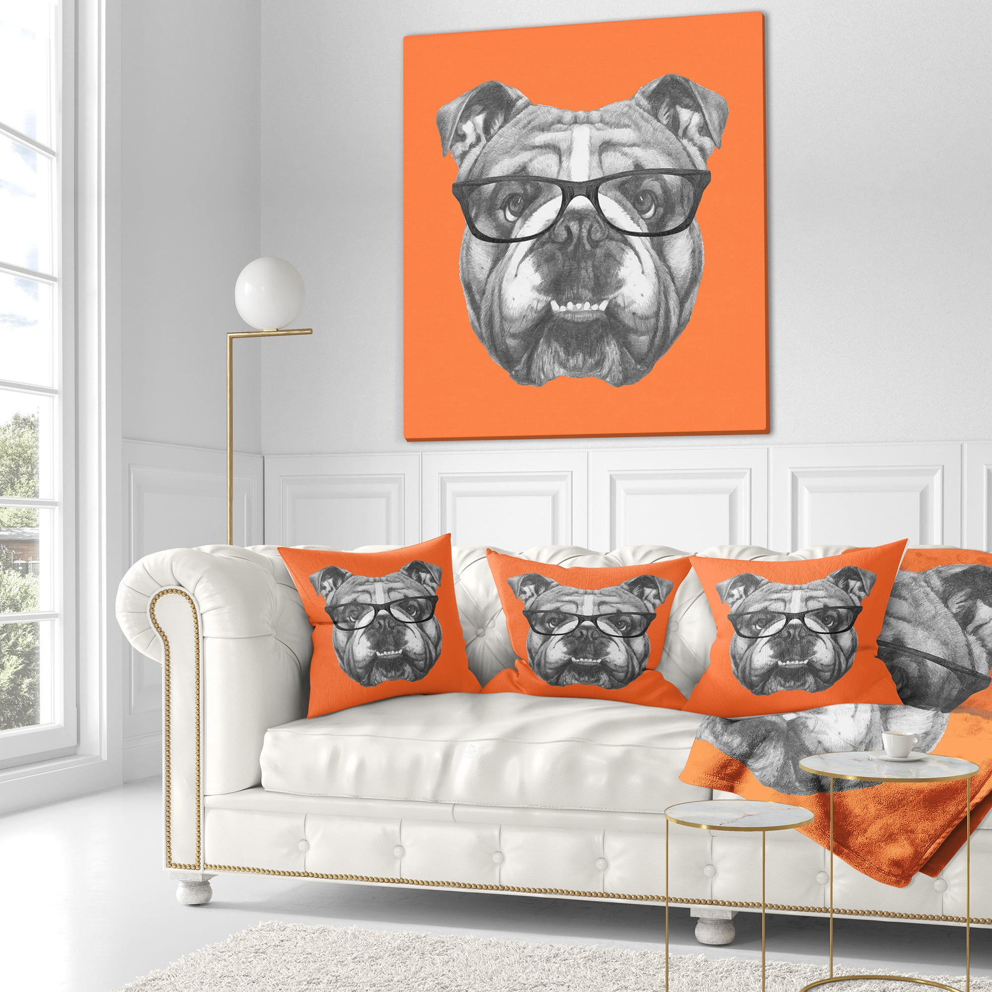 Designart English Bulldog with Glasses - Animal Throw Pillow - 18x18
