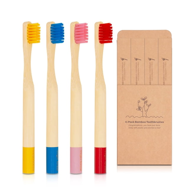 Cepillos de dientes de bambú para niños Virgin Forest, cerdas suaves, paquete de 4