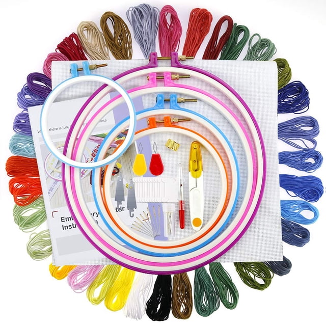 Gama completa de kit de inicio de bordado, aro de bordado de plástico de 5 piezas, hilos de bordado de 50 colores, kit de herramientas de punto de cruz Ormromra FLD-2638