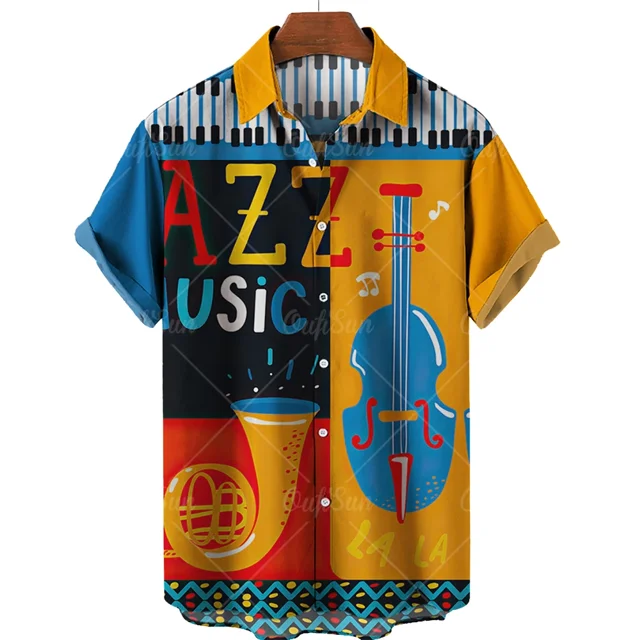 Men's Hawaiian Shirt One Button Shirt Cartoon Musical Instrument Pattern Oversize 3d Printing Loose Short Sleeve Beach Tops