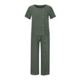 thumbnail image 4 of 2 Piece Outfits for Women Summer Solid Crewneck Button Half Sleeve Pullover Shirt Tops + Pants Trousers Set, 4 of 8
