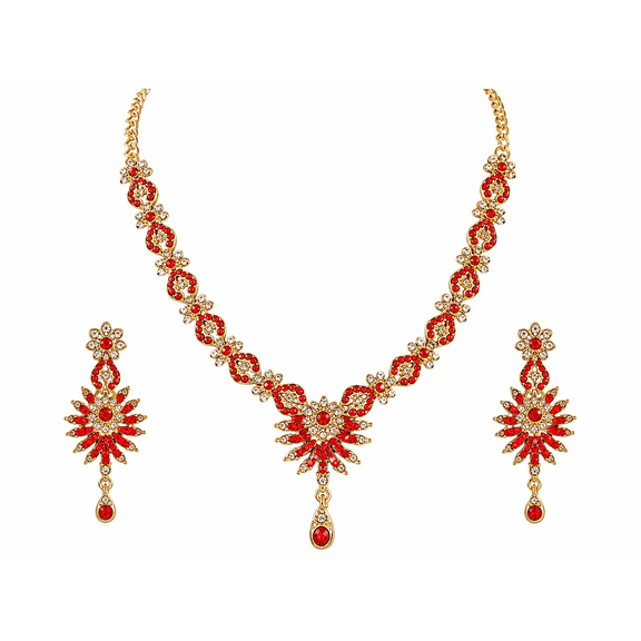 Parshwa Creation Indian Red Rhinestone Alloy Gold Plated Necklace & Earrings Women's Jewelry Sets
