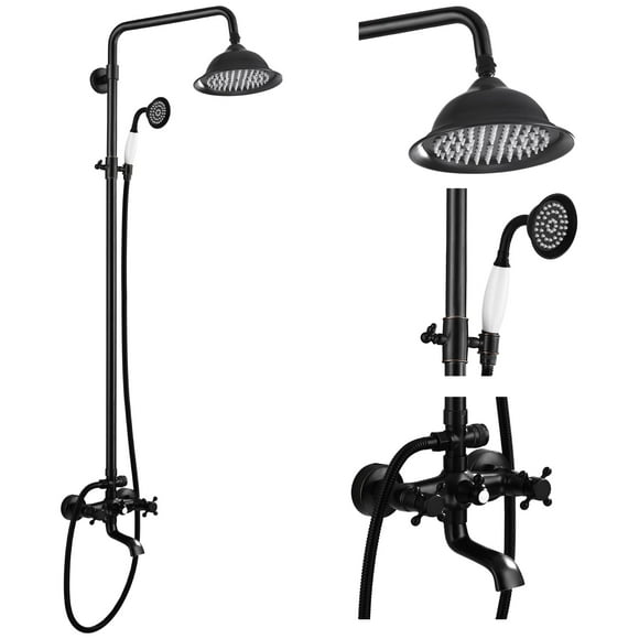 gotonovo Robinet de Douche Exposé pour Salle de Bain 8 Pouces Ensemble de Pommeau de Douche avec Bec de Baignoire et Pulvérisateur à Main Poignées Doubles Croisées Montage Mural Barre Droite Sans Étagère de Douche Bronze Huilé