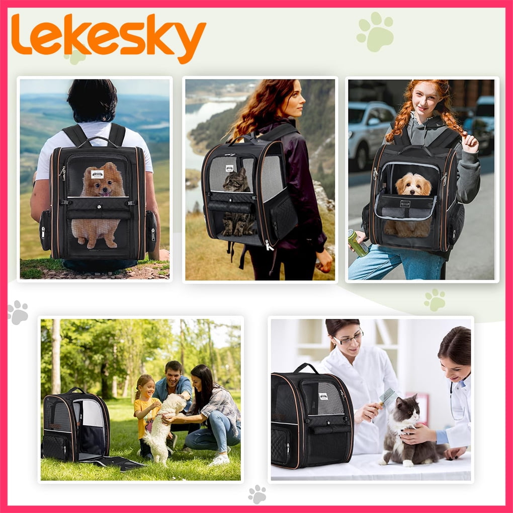 Lekesky - Expandable Cat Dog Backpack Carrier for Travel - Max Airflow, 4 Entrances, Folds Flat, Holds Pets Up to 18 Lbs, Safety Leash Included, Black