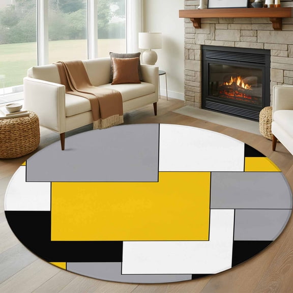 Round Area Rug 5ft,Yellow Grey Black Geometric Non-slip Area Rugs for Living Room/Bedroom/Bathroom/Kitchen,Middle Century Art Abstract Aesthetics Throw Floor Mat Indoor Outdoor Entrance Doormat
