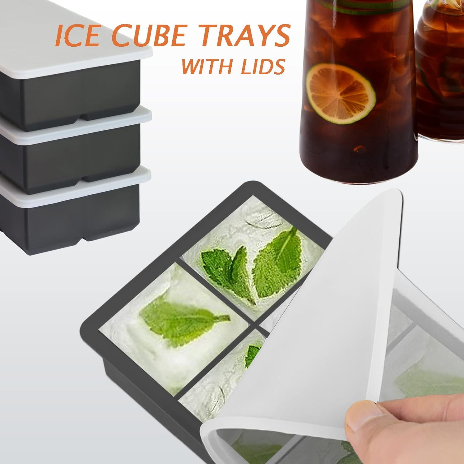 Large Ice Cube Tray, Premium 4 Pack Silicone Ice Cube Mold with Lid, 2 Inch Square 8 Big Ice Cube Maker for Freezer, Cocktail Whiskey Wine, BPA Free, Food Grade, Easy-Release– Black