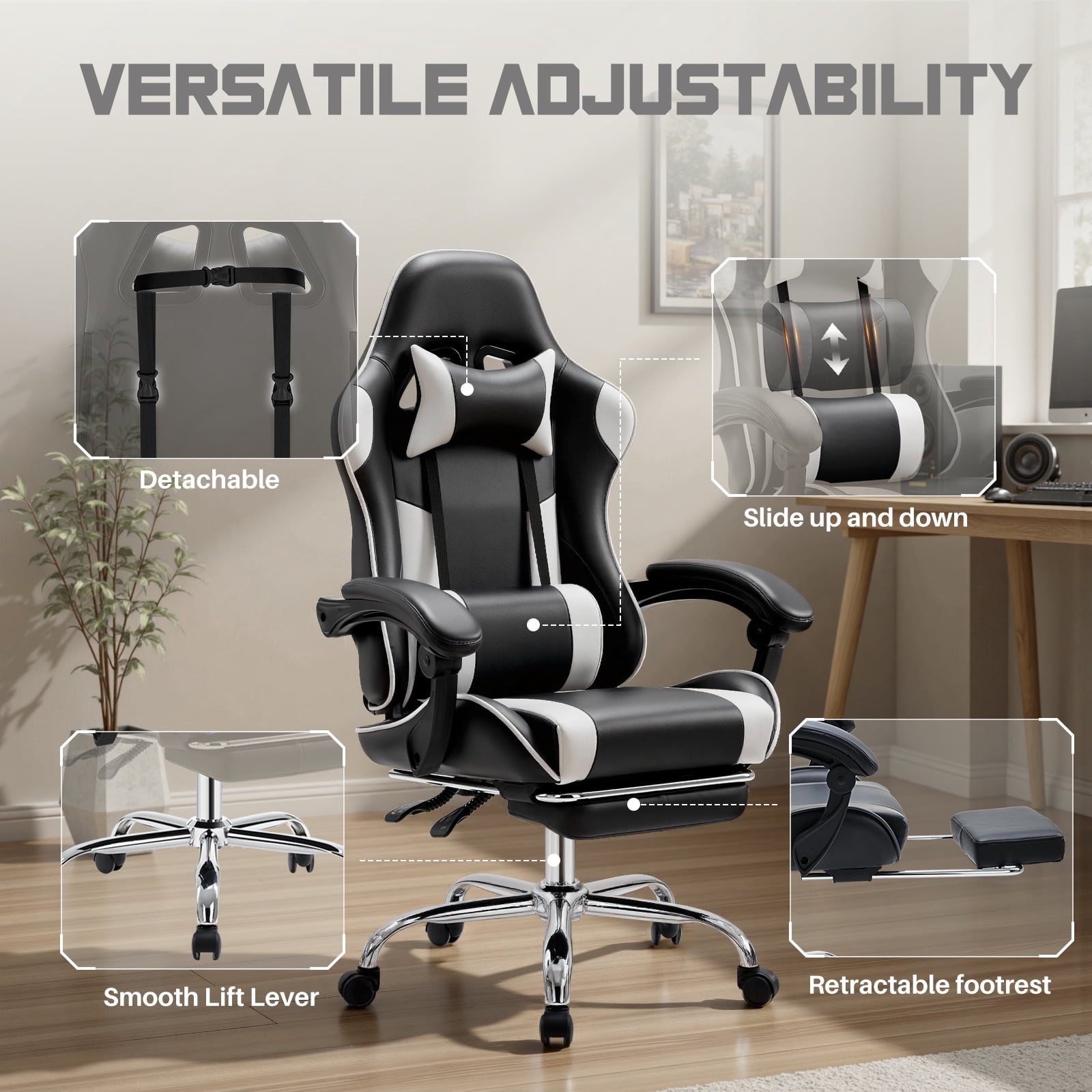 MCQ Computer Chair, Home Office Chair with Footrest and Lumbar Support for Office, Game Room, Black and White