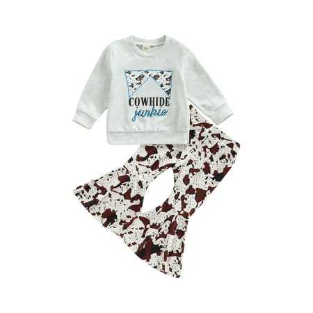 

Ma&Baby 0-4Years Toddler Girls 2Pcs Outfits Long Sleeve Pullover Tops and Cow Print Flare Pants Set