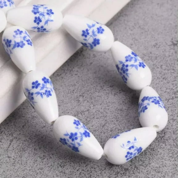 U8MO 10pcs Flower Patterns 10x20mm Teardrop Shape Ceramic Porcelain Loose Beads Lot-Blue