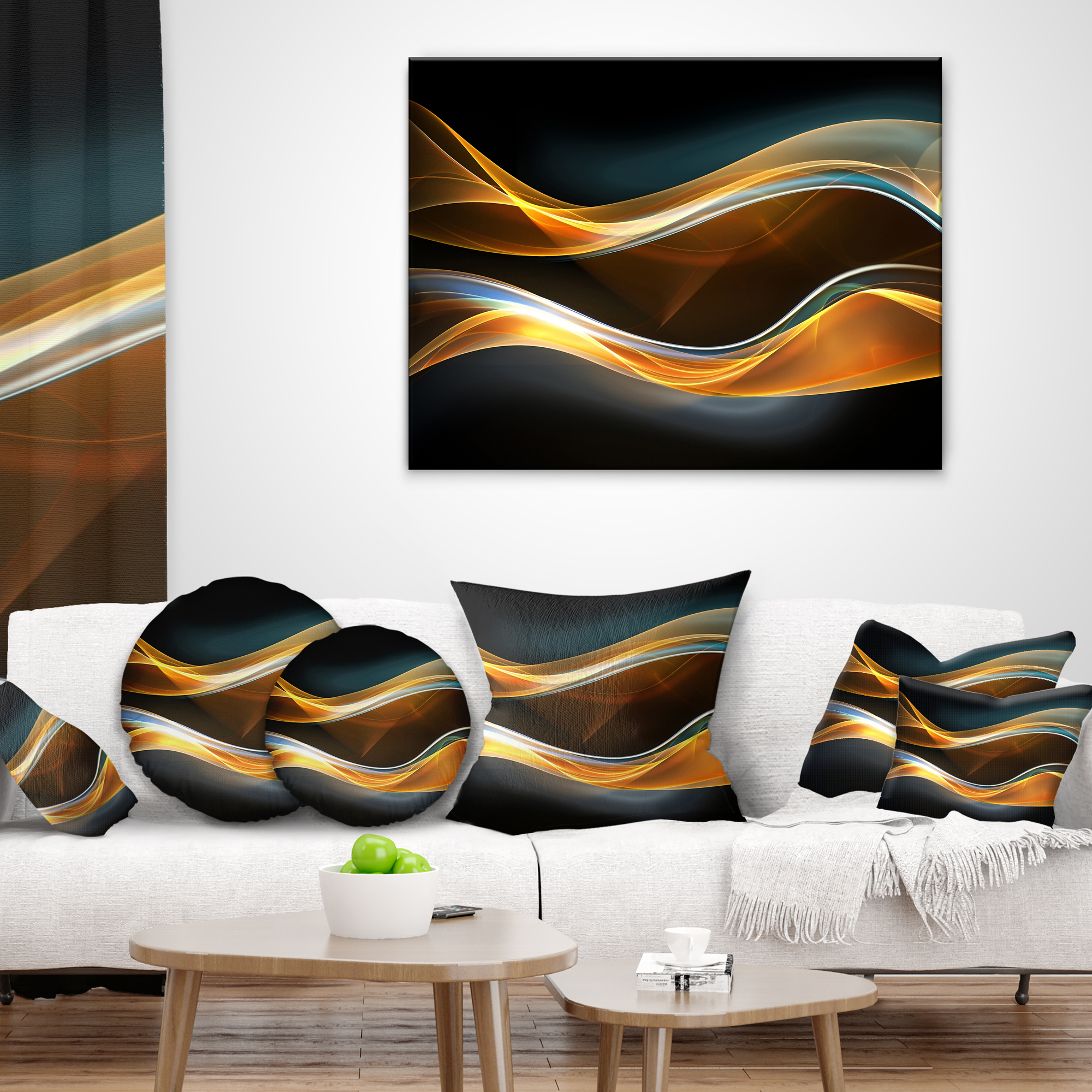 Designart 3D Gold Waves in Black - Abstract Throw Pillow - 18x18