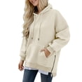 thumbnail image 2 of Womens Hoodies Solid Print Drawstring Pocket Loose Fit Hooded Long Sleeve Pullover Top for Casual Wear Women's Sweatshirts Beige L, 2 of 4