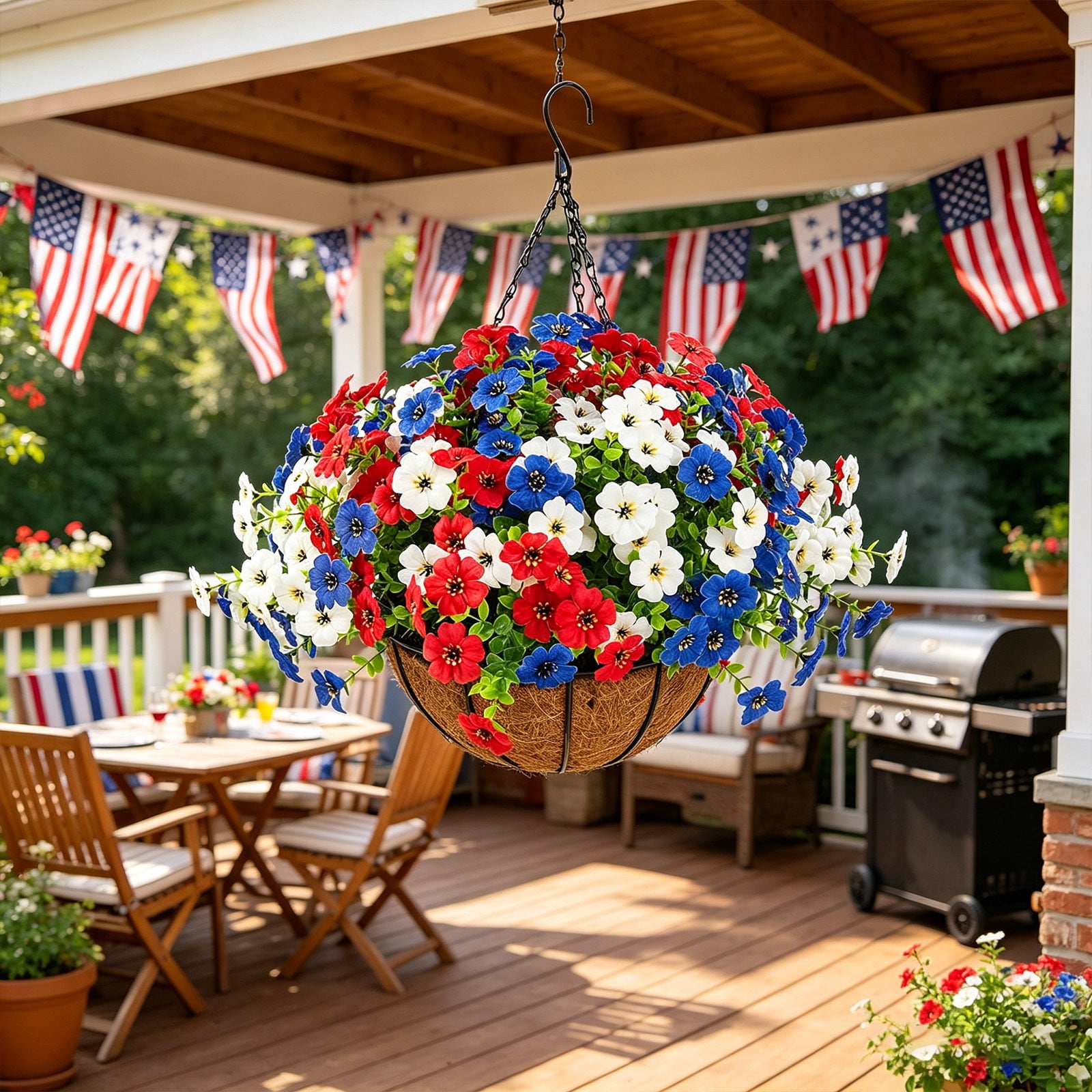 LNOGEUPG Independence Day Artificial Outdoor Flowers with Hanging Basket, 1 Hanging Planters with 12 Pcs Patriotic Flowers for Summer Front Porch Patio 4th of July Decor (Red, White, Blue)
