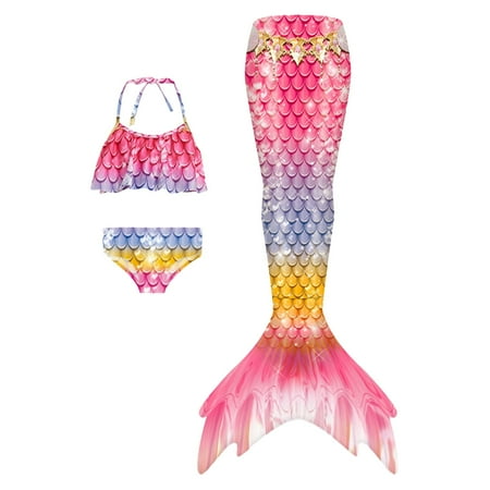 Toimothcn Girl s Swimsuit Sleeveless Casual Colorful Fish Scale Printed 3 Piece Tail Bikini Set Quickly Dry Cover Up Swimwear 5-6 Years