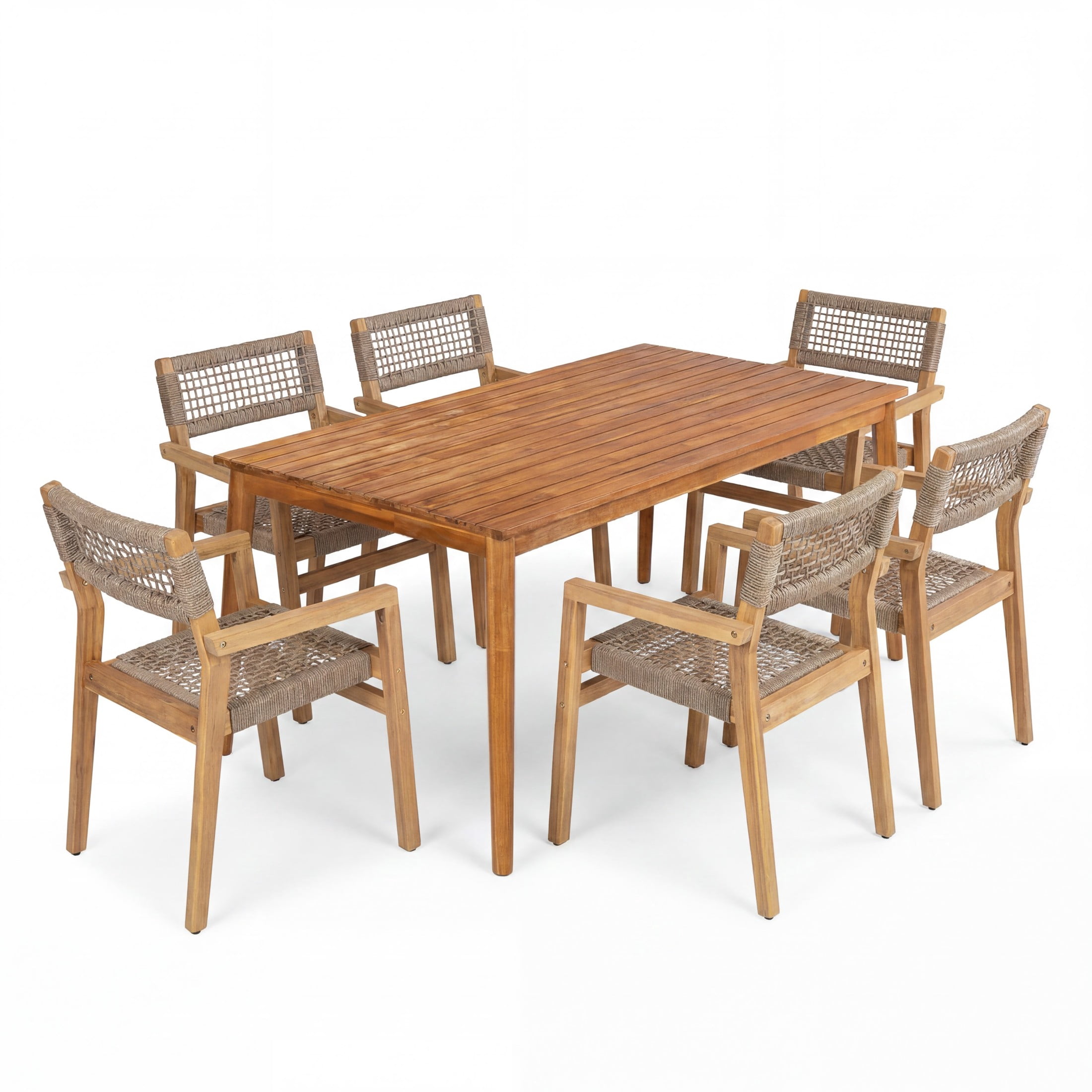 Christopher Knight Home 7-Piece Patio Dining Set, Acacia Wood Table and Rope Woven Chairs, Light Teak