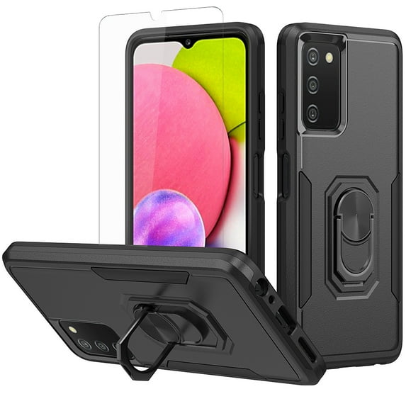 NIFFPD Galaxy A03S Case with Screen Protector, Shockproof Phone Cover Case with Ring Kickstand for Samsung Galaxy A03S Black