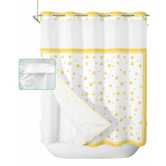 No Hook Shower Curtain with Snap in Liner, Yellow Five-Pointed Star and Dots Hotel Shower Curtains for Bathroom, Washable Shower Curtain Liner Set with Mesh Top Window, 66"x72"