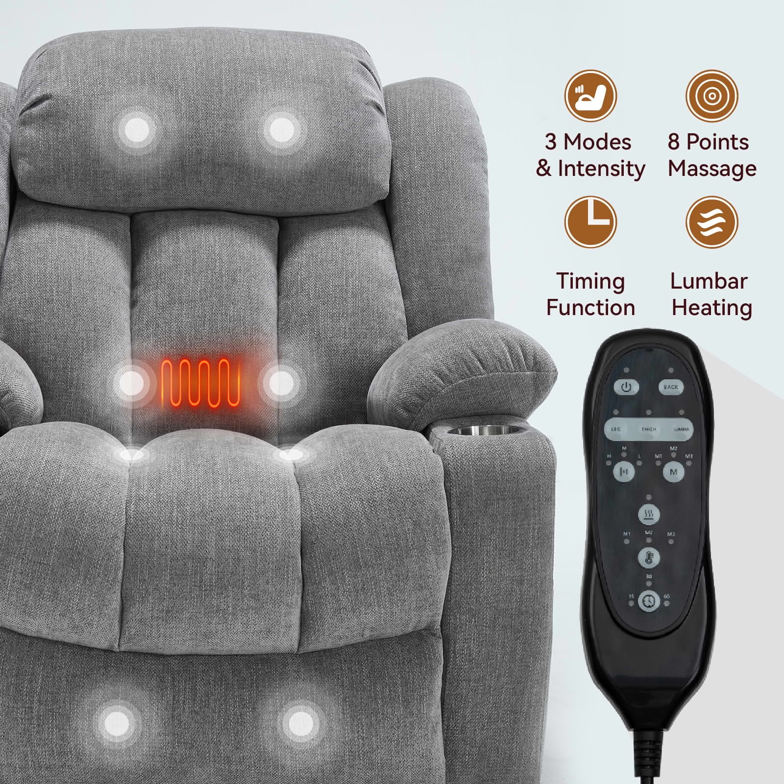 MAYEERTY Heavy Duty Beige Chenille Power Lift Recliner, 350lbs Massage Heat USB-C Cup Holders for Elderly 35"x29"x43"