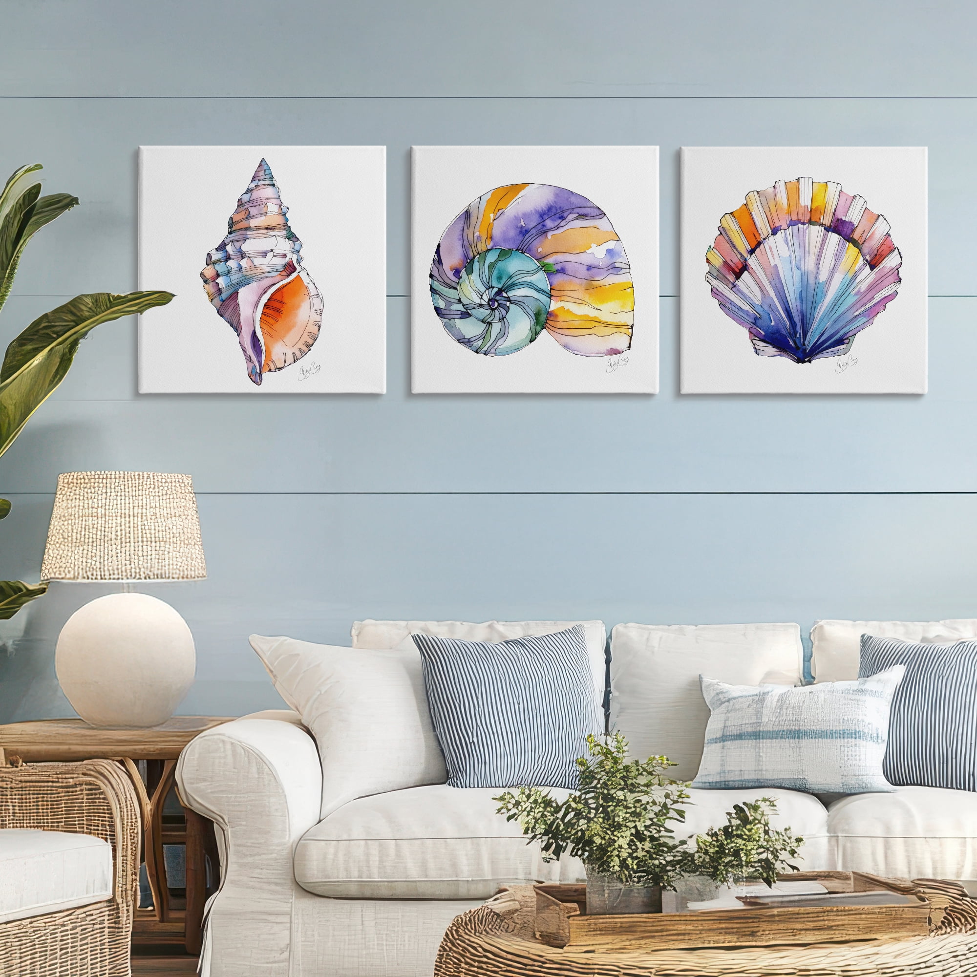Stupell Industries Sunlit Seashells Watercolors 3 Piece Canvas Wall Art Set, design by Shelly Craig