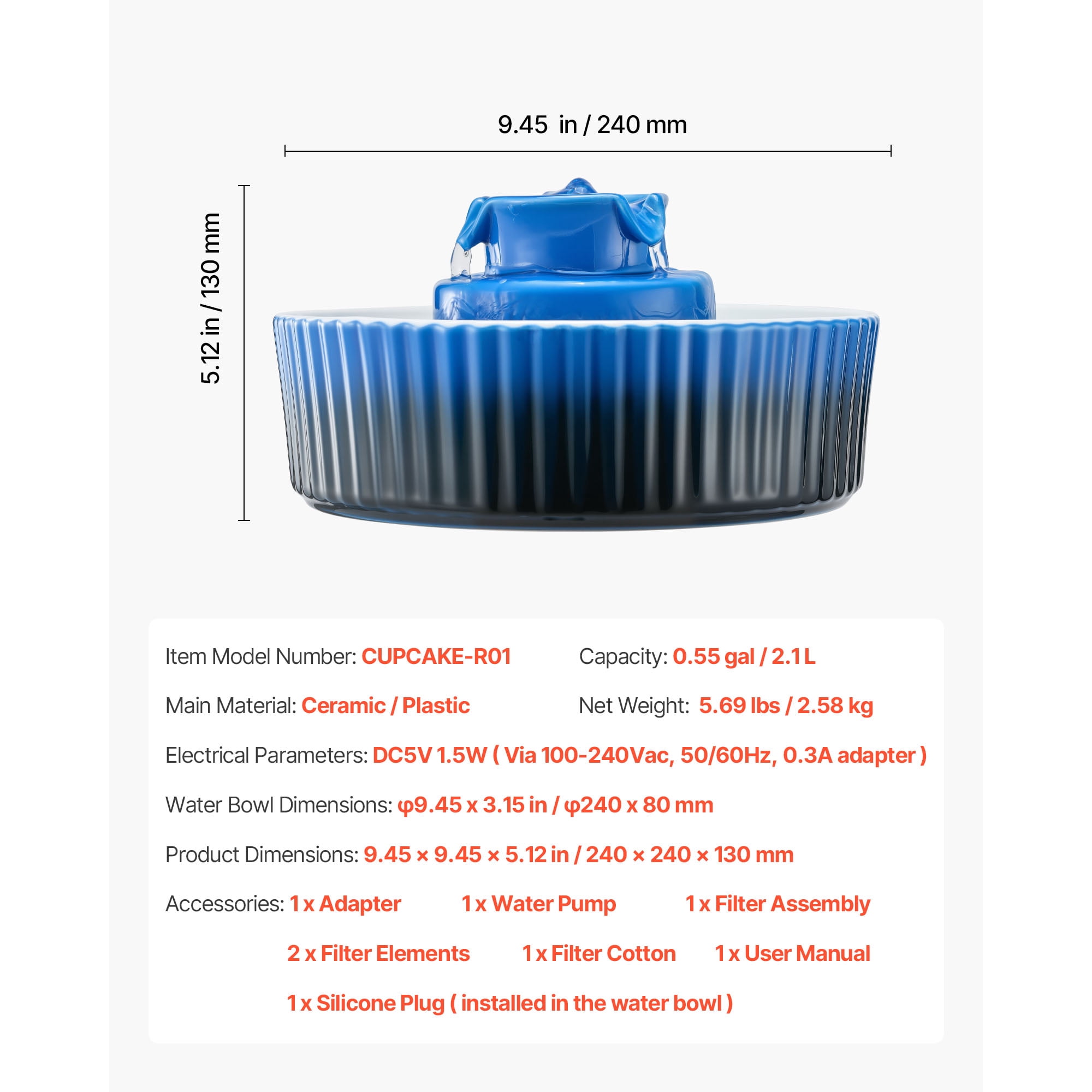 KFFKFF Ceramic Cat Water Fountain, 2.1L/71oz Porcelain Pet Fountain with Quiet Pump, 360° Access and Multi-Layer Filtration, Suitable for Cats and Dogs (Blue)