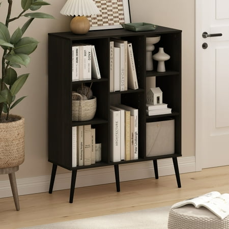 Furinno Claude Mid Century Style 8-Cube Bookcase, Bookshelf, Storage Organizer with Wood Legs, Espresso