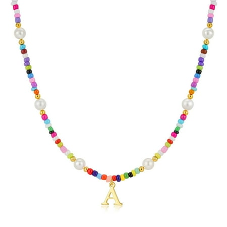 Turandoss Colorful Initial Necklaces for Women Beaded Pearl Choker Summer Boho Jewelry Trendy Letter Birthday Teacher Appreciation Mothers Day Graduation Gifts for Her Mom Kids Teen Girls Wife Ideas