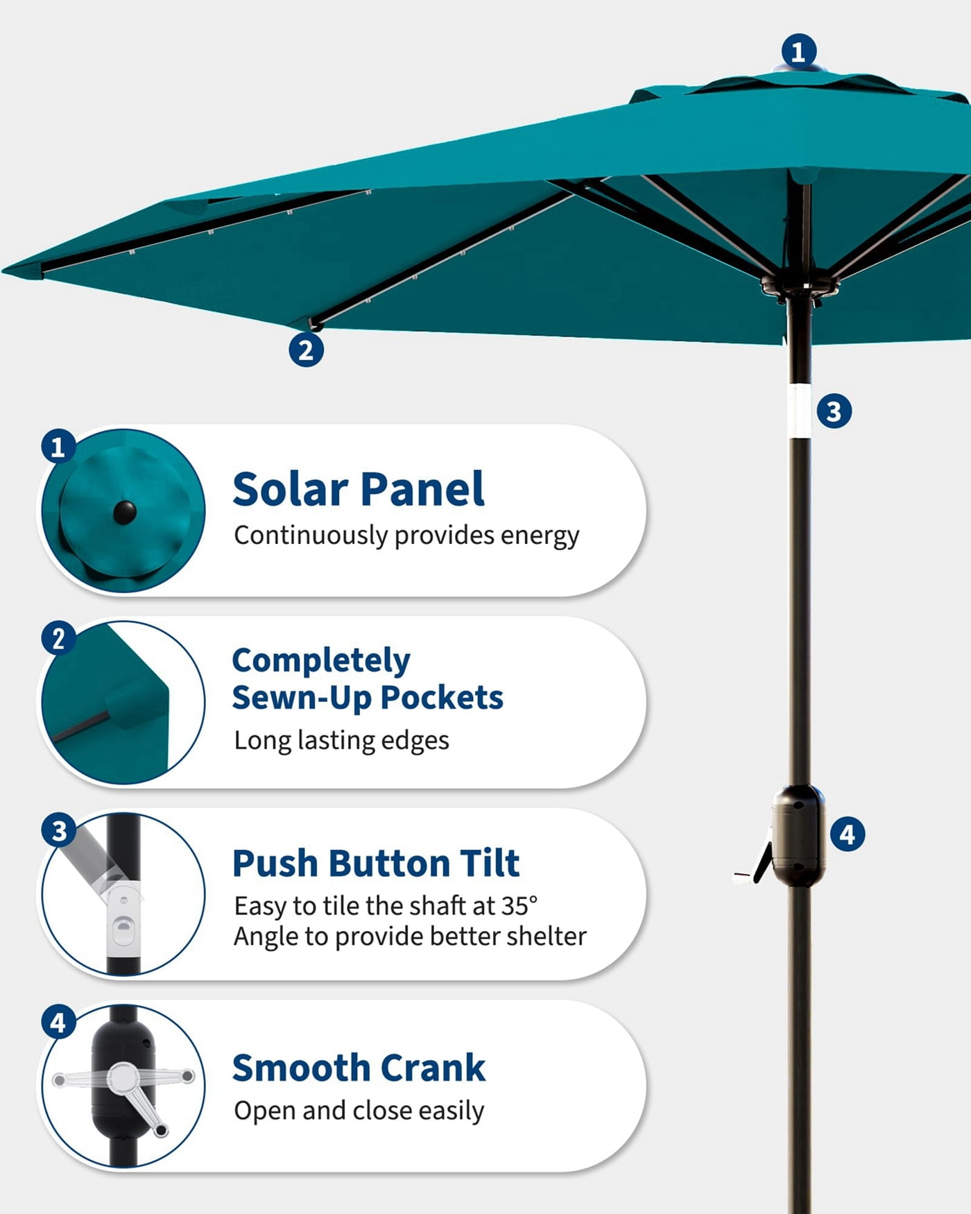 Arigeas 9ft Solar Patio Umbrella with LED Lights, Outdoor Market Table Umbrella with Push Button Tilt, 8-rib Frame and Crank