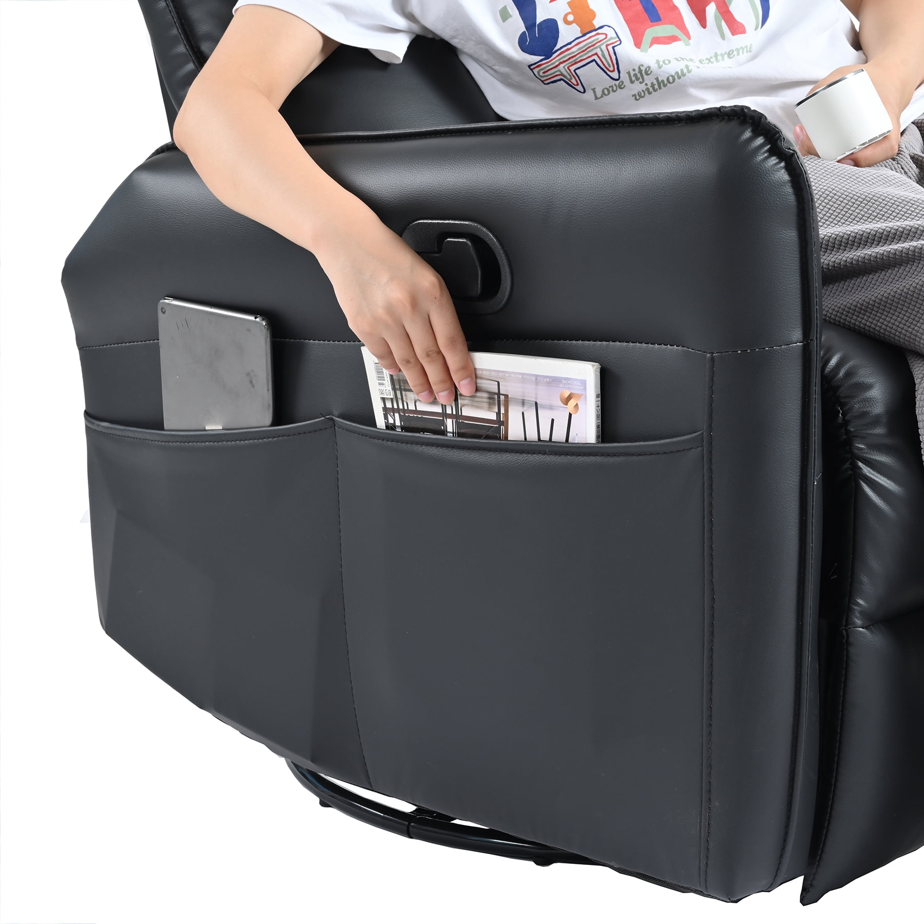 Rocker Recliner Chair with 360° Swivel, Small Modern Glider Recliner with Side Pocket, Swivel Rocking Chair for Nursery, Bedroom, Living Room or Home Theater, Black