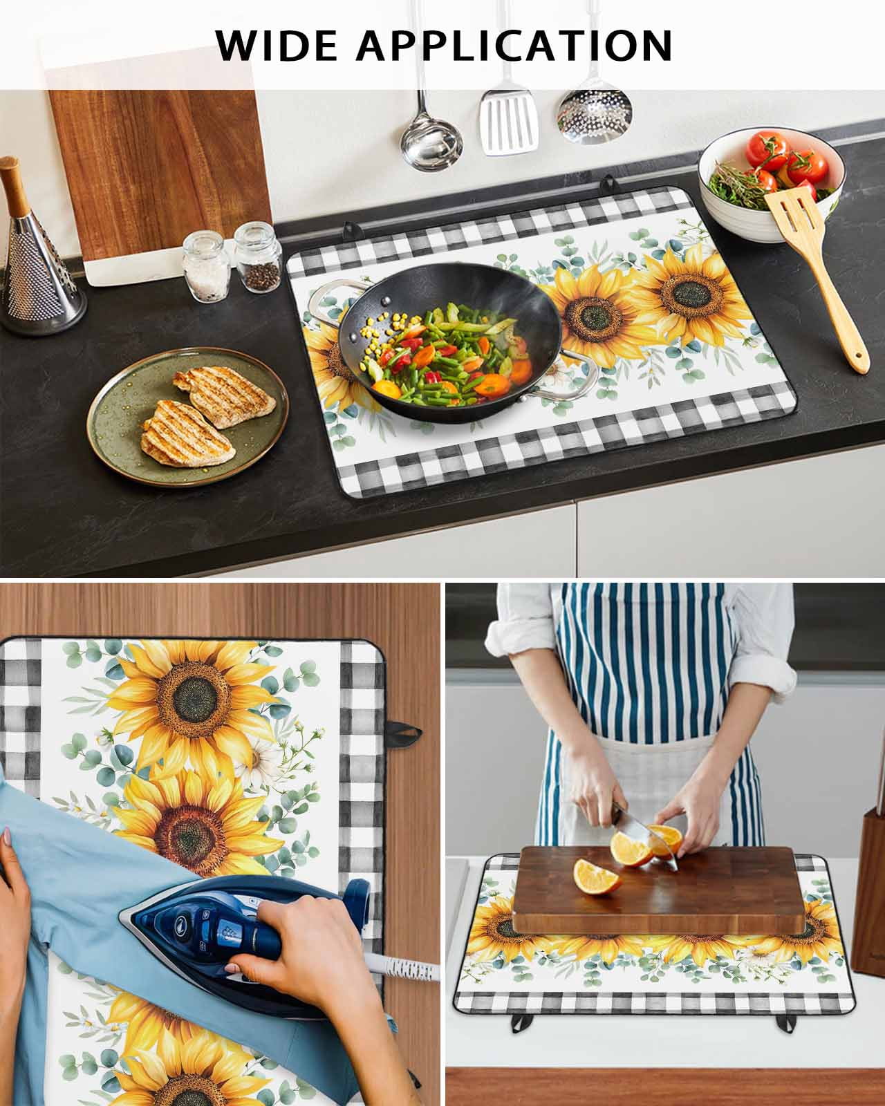 Large Induction Cooktop Protector Mat Sunflower Stove Top Covers for Electric Stove, Yellow Floral Black Plaid Eucalyptus Leaves Decorative Stove Burner Cover Mats, Glass Top Stove Cover