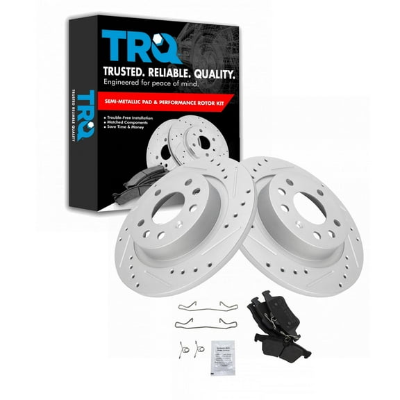 TRQ Rear Performance Brake Pad & Rotor Kit Brake Pads Brake Rotors Set Semi-Metallic Premium G-Coated Fits Select 2004-2011 Saab 9-3 2010 9-3X